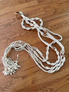 Boho Macramé Multi-Strand Plant Hanger - Cream with wood accents 56”
